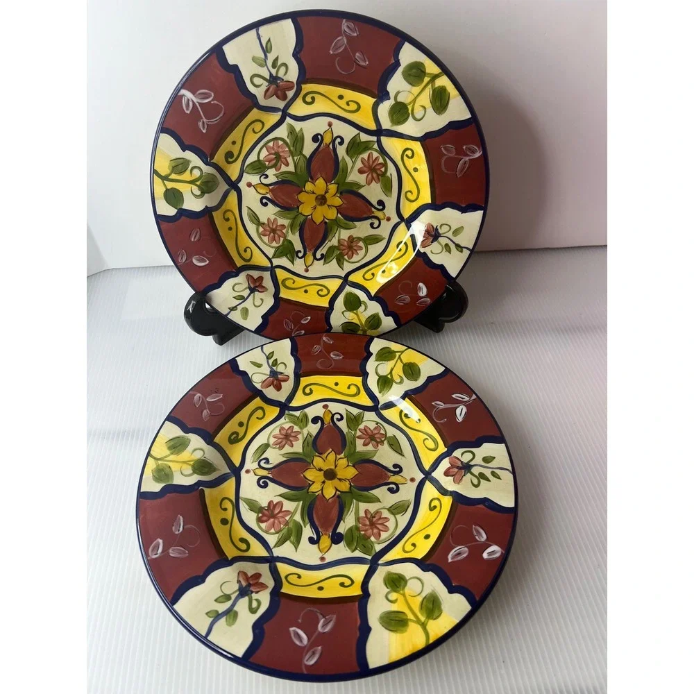 Pier‎ 1 Vallarta Handpainted Earthenware Plates Set of 2 Floral Salad Plates